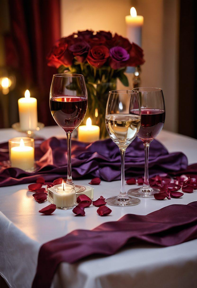 A romantic and intimate scene showcasing a beautifully arranged table with an array of elegant sensual toys and naughty gifts tailored for couples. Soft candlelight reflections shimmer on the surface, while plush fabrics and flower petals create a cozy atmosphere. A hint of allure is added with a tasteful wine glass nearby, hinting at a delightful evening. The color palette should be warm and inviting, emphasizing reds, deep purples, and soft golds. super-realistic. vibrant colors. soft focus.