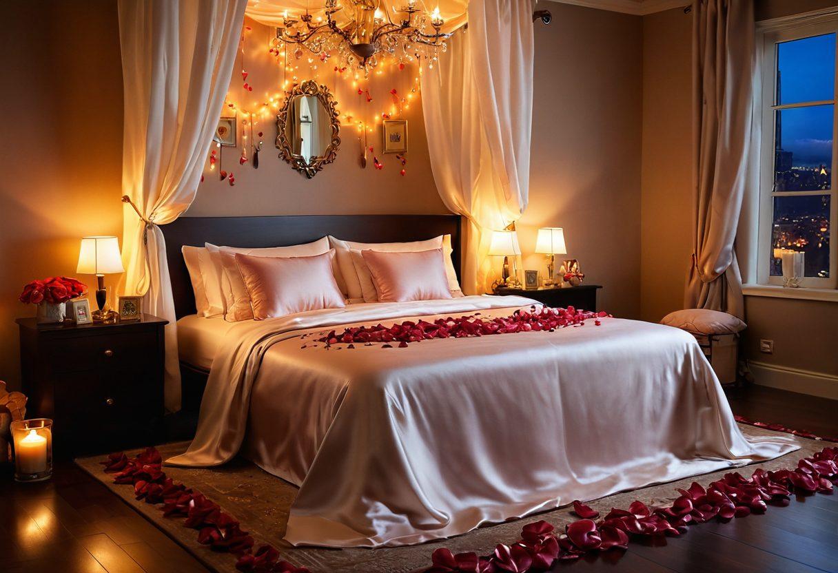A cozy, softly-lit bedroom setting featuring luxurious silk sheets, a tasteful array of seductive items like elegant lingerie, aromatic candles, and intimate toys, complemented by romantic decor such as rose petals and dim fairy lights. The atmosphere radiates warmth and sensuality, inviting viewers to explore the pleasures of intimacy. super-realistic. warm colors. soft focus.