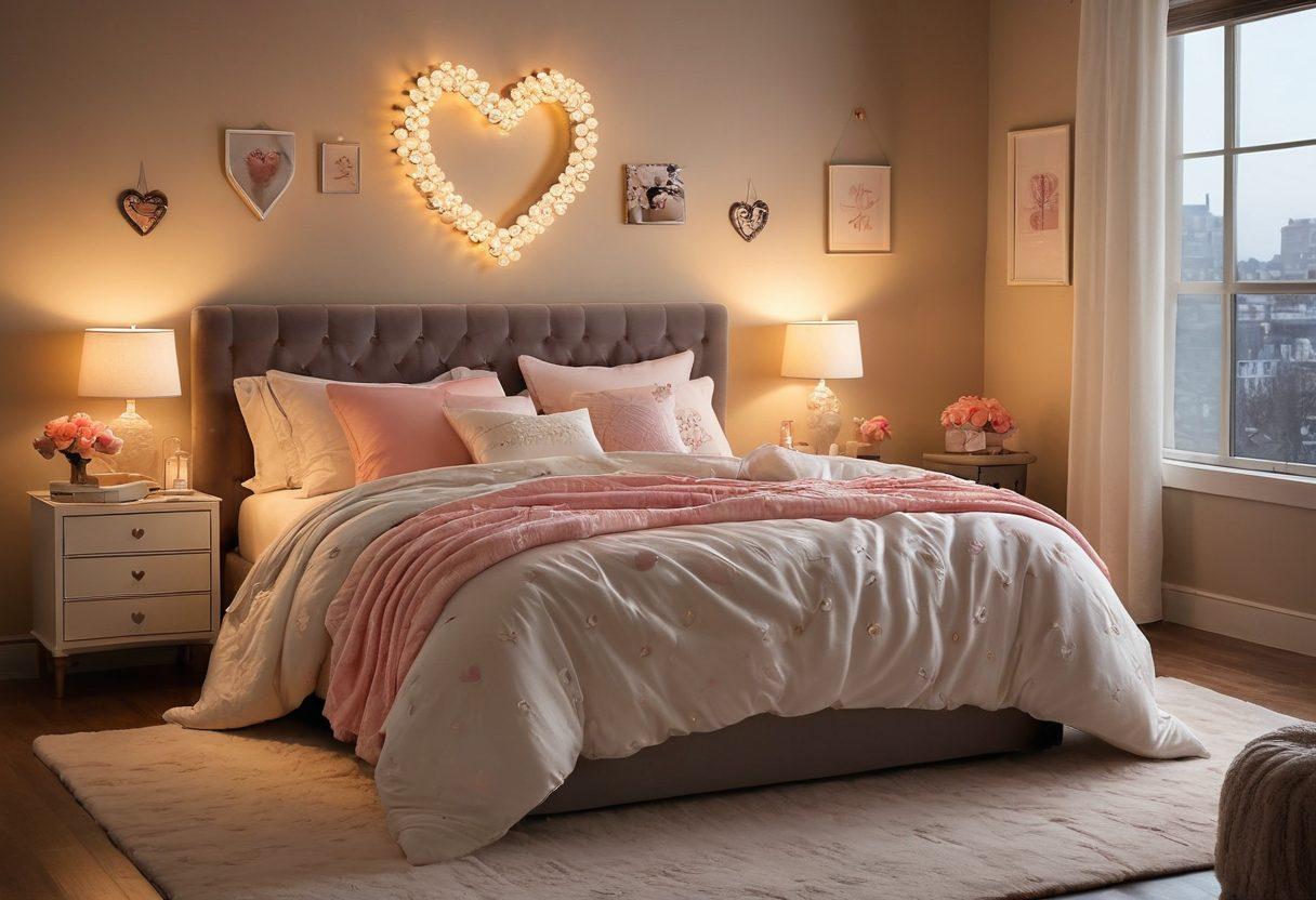 A cozy, inviting atmosphere featuring a beautifully set bedroom with dimmed lights, a heart-shaped bed adorned with romantic linens, and playful gifts like sensual candles and elegant lingerie artfully scattered around. Include soft pillows and a plush throw blanket to enhance comfort. A touch of whimsical heart motifs in the background can add a playful element. super-realistic. warm tones. soft focus.